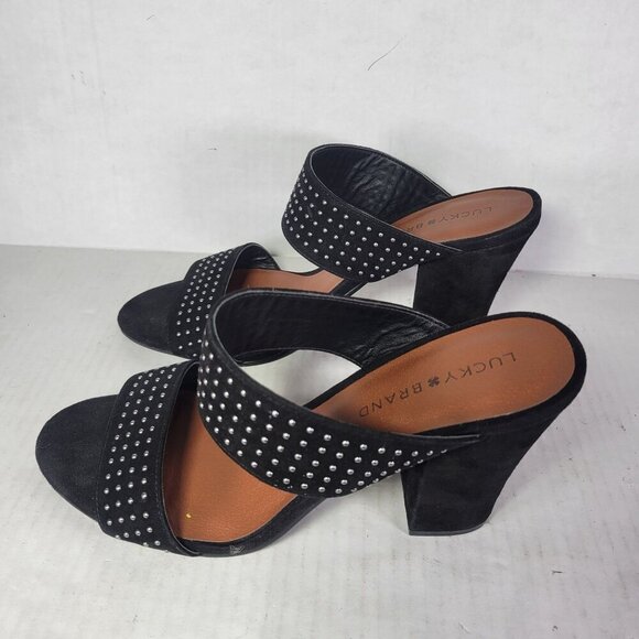 Lucky Brand Black Suede Studded Heeled Sandals - Picture 2 of 6